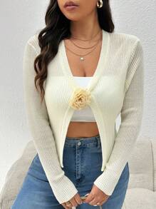 SHEIN Essnce Plus Size Women's Summer And Autumn New Style Fashionable Casual Commuting Elegant Fall Tops Fall Women Outfits Back To School Going Out Tops Fall Women Outfits First Day Of School Versatile Three-Dimensional Flower Apricot Outer See-Through Long-Sleeved Thin Knit Sweater Fall Sweaters Cardigan