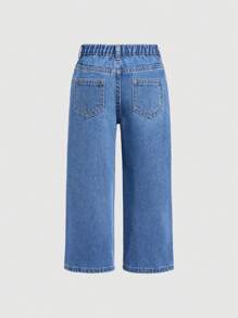 SHEIN Calça Denim Denim Bordada com Flores Rosa para Jovens com Bolsos - Lavagem escura - Visão 2