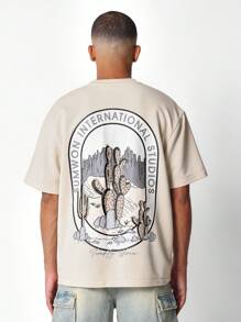 SUMWON 常规版型短袖 T 恤，带字母和仙人掌沙漠图案印花 - 杏色 - 查看 1