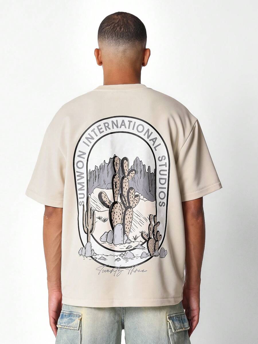 SUMWON Áo thun tay ngắn dáng ôm vừa vặn có in chữ và họa tiết sa mạc xương rồng - Màu be - Xem 1