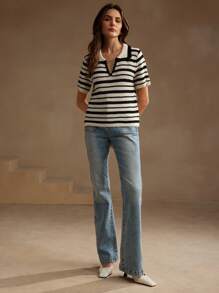 Anewsta Women's Urban Casual Colorblock Black & White Striped Short Sleeve Knit Top, Spring/Summer - Black and White - View 6