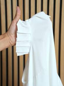 Slaydiva 加大尺寸假日&優雅&休閒寬鬆白色拼色&波點印花無袖洋裝，荷蘭花邊頸口和裙擺，春夏季 - 白色 - 查看 9