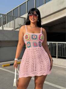 Flirla Floral Crochet Plus Size Women's Dress