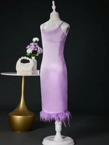 SHEIN 婚禮季節女孩無肩帶包覆式閃亮緞面羽毛拼接中長禮服，適用於婚禮、舞會、生日派對 - 紫色 - 查看 1