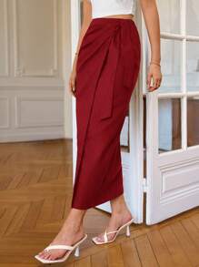 SHEIN Frenchy 女士純色百褶包覆側腰帶優雅辦公室裙 - 玫瑰紅 - 查看 3