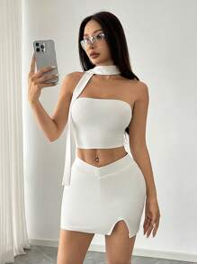 Lunelith SHEIN Lunessa Damen 2-teiliges Set aus trägerlosen, rückenfreien, einfachen Top und Bodycon Rock mit ausgeschnittenem Saum