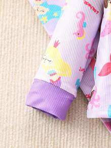 SHEIN Setelan Atasan Lengan Panjang dan Celana Motif Putri Duyung untuk Bayi Perempuan dengan Selendang, Gaya Sederhana, Pakaian Rumahan - Purple - View 4