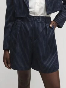 BizChic 女士商务办公工作服复古风格条纹短裤套装，秋季 - 藏蓝色 - 查看 3