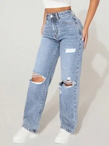 SHEIN PETITE High-Waisted Ripped Loose Y2K Autumn And Winter Warm Jeans Thermal Denim - Baby Blue - View 4