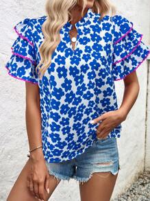 SHEIN LUNE Áo Sơ Mi Nữ Tay Ô Dù Họa Tiết Hoa Viền Ren (In Ngẫu Nhiên) - Màu xanh lam - Xem 7