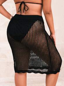 SHEIN Swim Curve 大码女式蝴蝶装饰简约日常罩衫夏季 - 黑色 - 查看 2