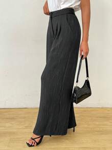 SHEIN Clasi Mùa hè dành cho nữ, quần ống rộng có họa tiết giả vải lanh đơn giản thanh lịch phía trước có chi tiết xếp ly và túi - màu đen - Xem 6