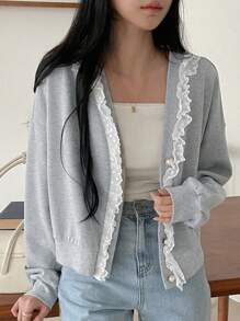 DAZY Women's Lace Decor Simple Daily Long Sleeve Jacket - Light Grey - View 2