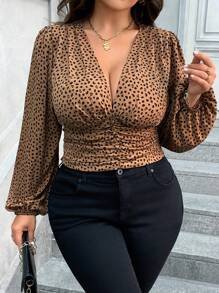 Flirla Plus Size Spring/Summer Casual Leopard Print Lantern Sleeve Ruched Waist Shirt - Brown - View 1