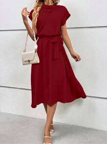 SHEIN Clasi 女士純色簡約日常穿搭肩帶連身裙 - 酒紅色 - 查看 1