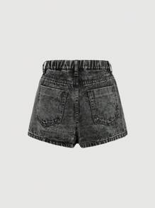 SHEIN Girlism 少女纯色水洗 Y2K 风格不对称搭扣设计牛仔短裙，适合夏季度假、返校季和街头穿着 - 黑色 - 查看 2