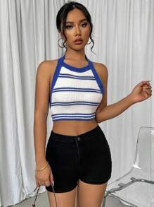 Chiquease Women's Casual Striped Short Cropped Knit Top With Halter - Multicolor - View 3