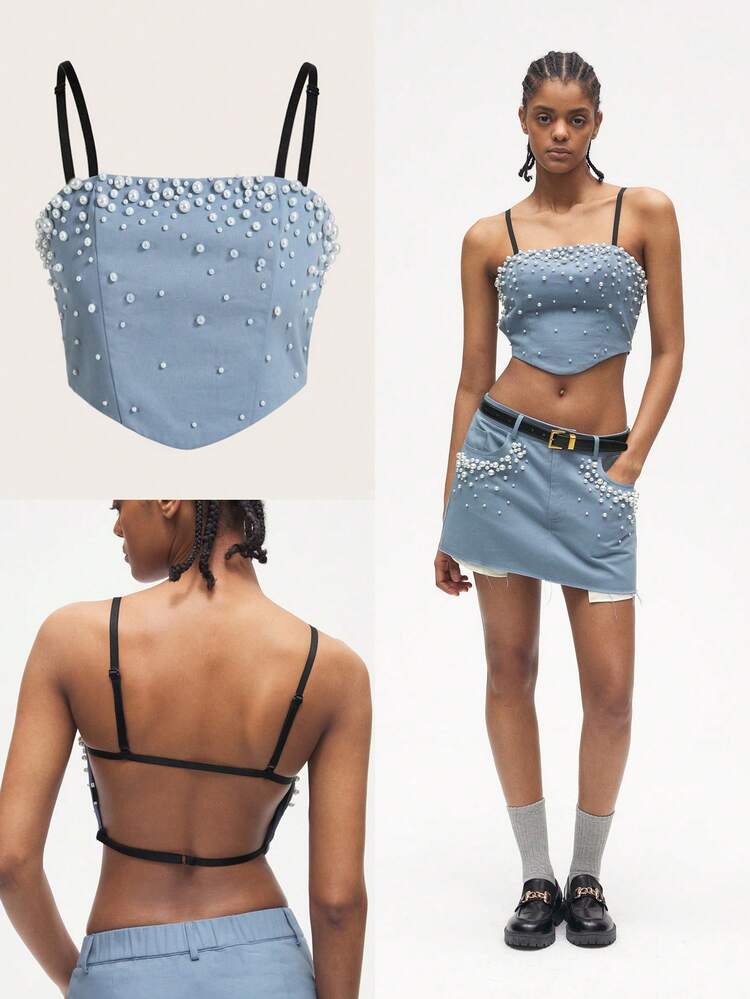 SHEIN Maija Women Pearl Decor Cropped Camisole Top, Summer