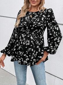 SHEIN 孕妇休闲圆领灯笼袖衬衫 - 黑色 - 查看 8