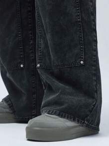 Manfinity VCAY 男士加大號洗水休閒直筒牛仔褲，鉚釘裝飾，編織面料 - 黑色 - 查看 3