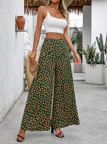 SHEIN LUNE 女士高腰寬腿鬆身休閒長褲，隨機印花設計可裁剪 - 綠色 - 查看 3