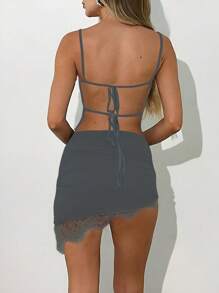 SHEIN ICON Bộ áo hai dây ren trơn đơn giản và chân váy hai mảnh dành cho nữ mặc hàng ngày - Xám - Xem 2