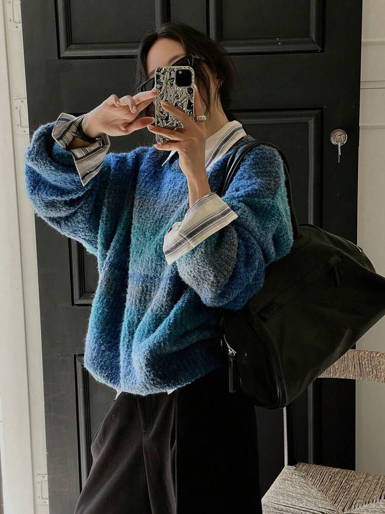 Dazy-Less Ombre Drop Shoulder Sweater,Long Sleeve Tops,Fall Women Clothes - Blue - View 14