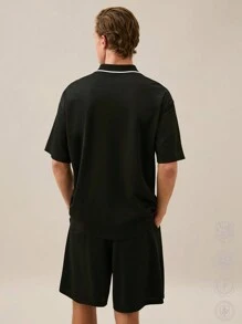 Manfinity RebelGame Men's Patchwork Loose Short Sleeve Polo Set, Perfect For Summer,Back To School,Back To School