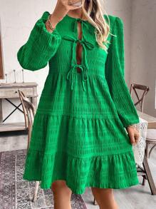 SHEIN Clasi 时尚休闲简约蝴蝶结纹理泡泡袖长袖迷你连衣裙 - 綠色 - 查看 7