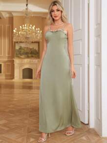 SHEIN Belle Flower Decorated Simple & Elegant Daily Wear Strappy Dress, Bridesmaid Dress - Green - View 7