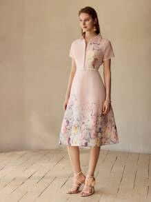 MOTF PREMIUM ORGANZA FLORAL PRINT RAGLAN SLEEVE FLARE HEM MIDI DRESS, WOMEN OUTFIT