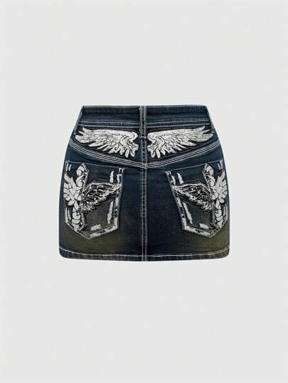 Grunge Punk Y2K Cross & Wing Embroidered Beaded High Elasticity Women's Mini Denim Skirt (With Leggings), Colorful Contrast Stitching