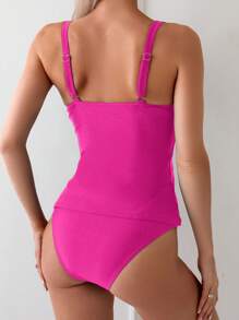 SHEIN Swim Ladies' Solid Color Tankini Set With Scallop Edge Spaghetti Strap Top Summer - Hot Pink - View 2