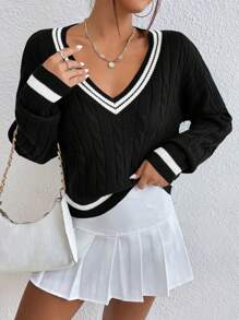 SHEIN Unity V領色塊針織毛衣，配電纜花卉裝飾，長袖 - 黑與白 - 查看 7