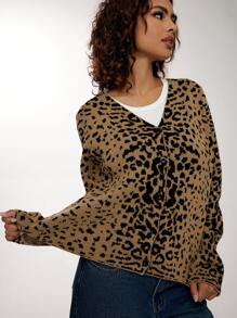 Forever 21 Leopard Print Sweater Cardigan Padded Coat Knit Sweater Women Sweaters Cardigan Sweater Fall Sweaters Women Cardigans Winter Women Clothes - Multicolor - View 6