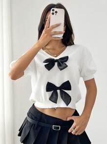 SHEIN EZwear 女款V領短袖針織上衣，蝴蝶結裝飾，單色優雅 - 白色 - 查看 3