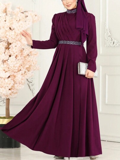 Vestido longo árabe com fecho na cintura, cor sólida, elegante e luxuoso, para mulheres, modesto