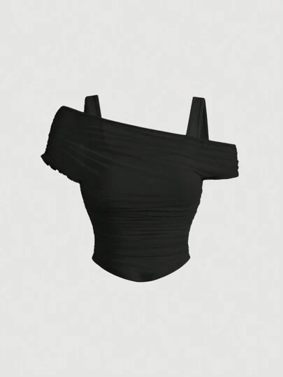 SHEIN MOD 纯色背心搭配黑色网眼罩衫女式上衣，不对称，单肩，褶皱