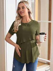SHEIN Solid Color Simple Round Neck Short Sleeve Nursing Top For Daily Wear For Maternity - Army Green - View 3
