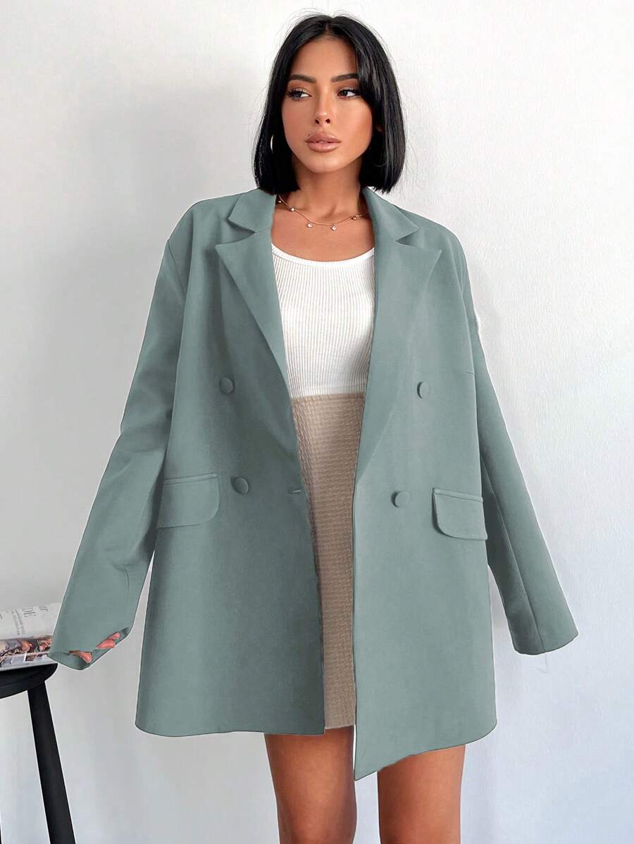SHEIN Cottnline 女士簡約優雅的V領雙排釦西裝外套 - 薄荷綠 - 查看 1