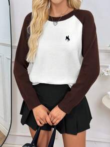 Chiquease Round Neck Long Sleeve Color Block Sweater, Daily Casual Knit Pullover Fall Winter Outfit - Coffee Brown - View 5