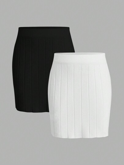 SHEIN Compra 1 lleva 1 gratis - 2 piezas/Conjunto Falda de punto acanalado casual, simple y cómoda para niña preadolescente