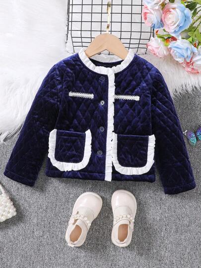 SHEIN Little Girls' Autumn/Winter Long Sleeve Ruffled Color Block Ladylike Jacket