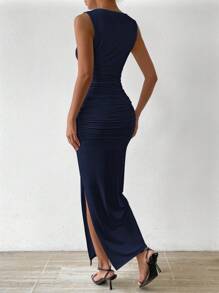 Allurite 优雅纯色无袖连衣裙，侧开衩，夏季长款女装 - 藏蓝色 - 查看 2