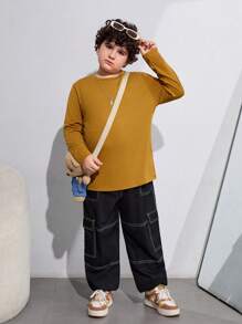 SHEIN Tween Boys Extended Size Regular Long Sleeve T-Shirt 4pcs Set, Fall/Winter