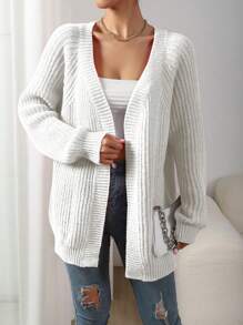 Chiquease Women's Solid Color Simple Daily Long Sleeve Casual Cardigan,Ladies Spring/Fall Casual Rib-Knit Raglan Sleeve Regular Fit White Plain Women Cardigans,Casual Daily Wear,Long Sleeve Tops - White - View 5