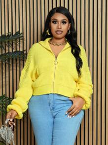 Slaydiva Plus Elegant Daily Casual Solid Yellow Knitted Zip-Up Long Sleeve Sweater, Shortened Style, For Women, Autumn And Winter - Z - Yellow - View 7