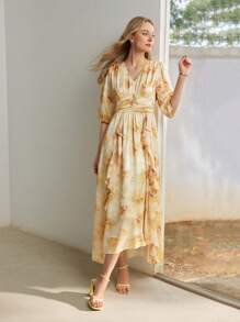 MOTF PREMIUM ALLOVER FLORAL PRINT V-NECK LANTERN SLEEVE RUCHED WAIST DRESS - Yellow - View 9