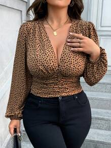 Flirla Plus Size Spring/Summer Casual Leopard Print Lantern Sleeve Ruched Waist Shirt - Brown - View 3