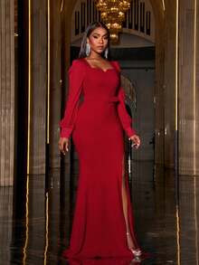 Faeriesty Square Collar Split Thigh Mermaid Hem Belted Formal Dress - Red - View 5